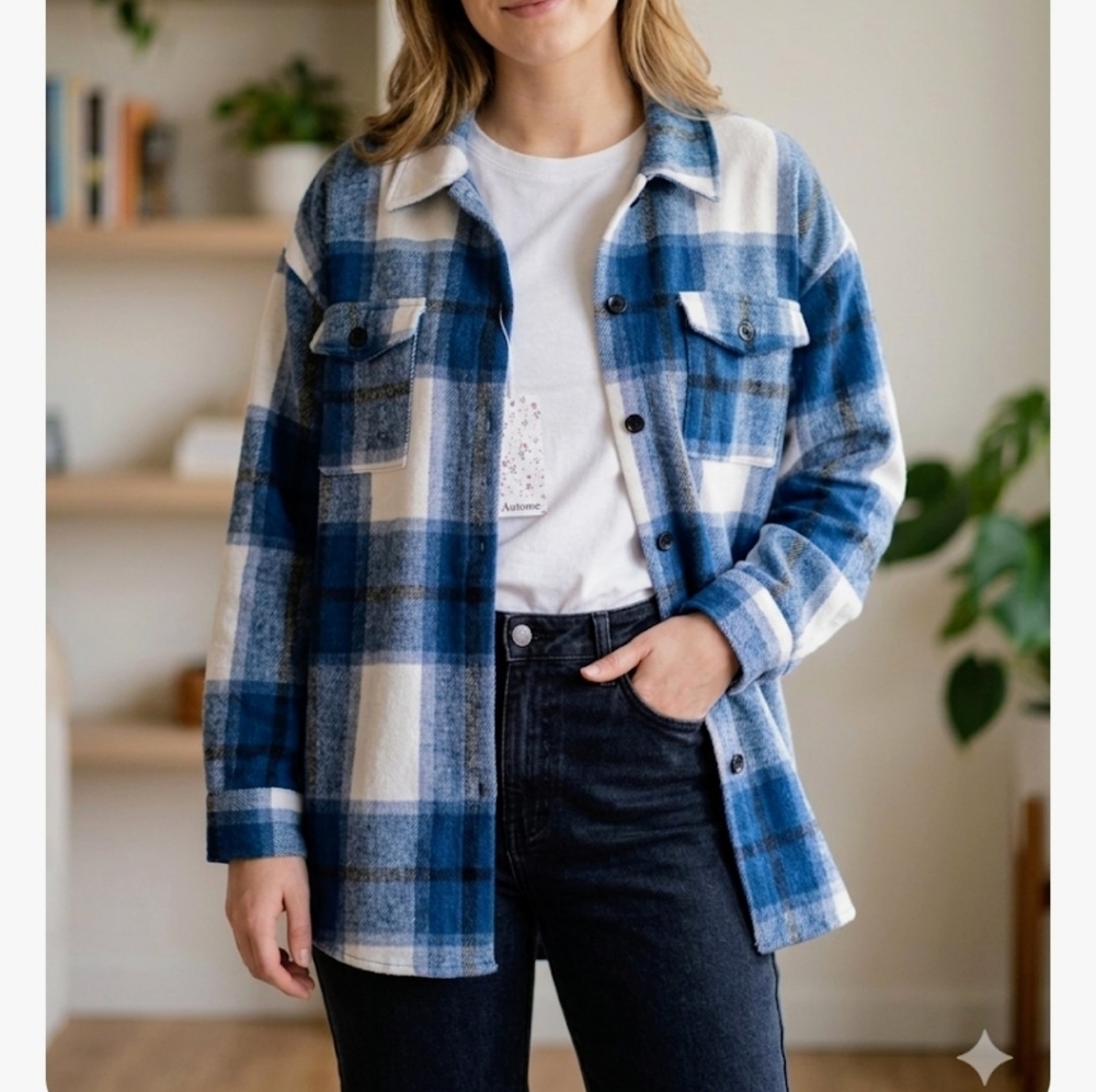 AUTOMAT..Blue Plaid Button-Up Shacket - Women (G)